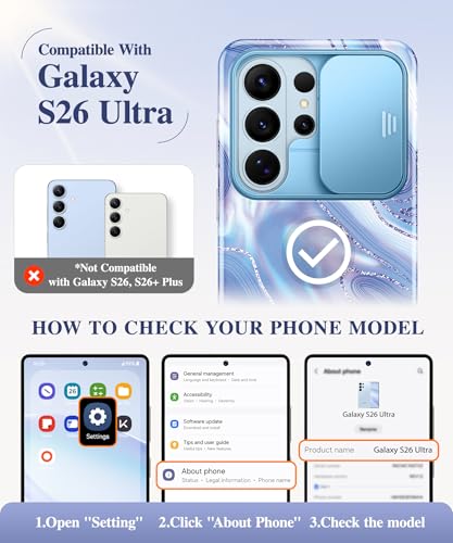 Image of GVIEWIN for Samsung Galaxy S26 Ultra Case, [Slide Camera Cover & Built-in HD Screen Protector] [2 Front Frames] Shockproof Military Grade Protective Marble Phone Case for S26 Ultra 6.9 inch (Aurora)