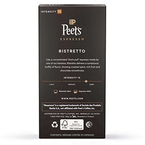 Peet's Coffee Espresso Capsules Ristretto, Intensity 10, 100 Count Single Cup Coffee Pods Compatible with Nespresso Original Brewers
