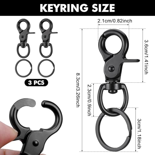 3 Stück Karabinerhaken mit Drehgelenk, Robust Zinklegierung Karabiner Hundeleine, Wirbelkarabiner mit Schlüsselanhänger, Schlüsselanhänger Karabiner, Schwarz Bolzenkarabiner für Hundeleine Schlüssel