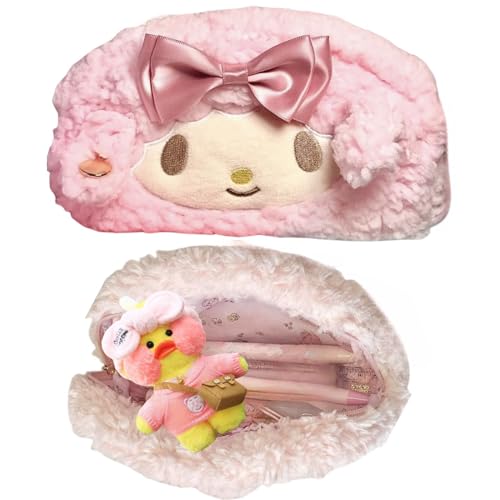 Vobomo Cute Bow Lamb Large Capacity Pencil Case Plush Pen Holder Sweety Pencil Pouch Box Cute Aesthetic Pen Case (Strawberry pink)