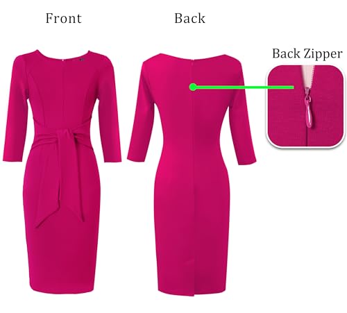 Image of VFSHOW Womens Front Zipper Tie Waist Bow 3 /4 Sleeve Slim Fitted Work Business Office Party Bodycon Pencil Sheath Dress