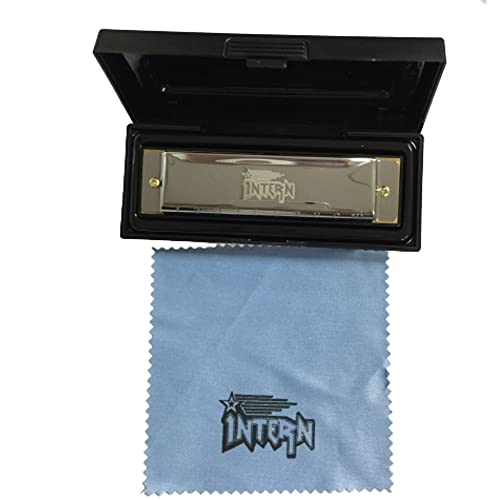 Image of Intern KEY C 10 Hole Diatonic Blues Mouth Organ Harmonica for Professional Player, with case and cleaning cloth (Silver) (INT-HA01C)