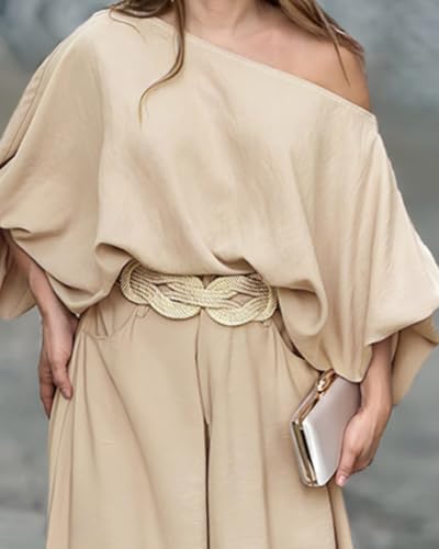 Image of CHICME Women Summer 2 Piece Outfits Off Shoulder Top Flowy Wide Leg Pants Set Vacation Travel Airport Outfits