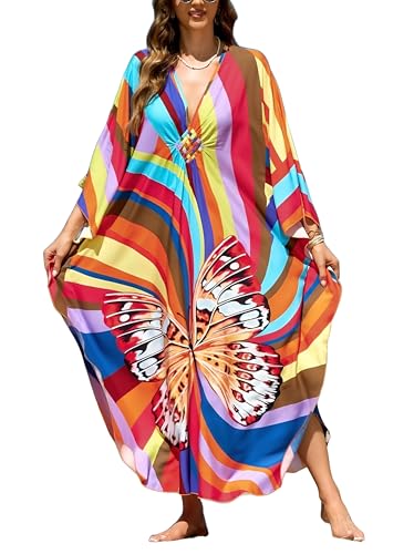Image of IMAGEKOPE Women's Plus Size Animal Print V-Neck Batwing Kaftan Beach Dress Bathing Suit Cover-Up Loungewear