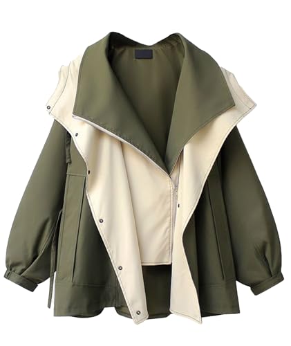 SOMTHRON Women's Hooded Trench Coat Lightweight Lapel Button Down Jacket Color Block Mid-Length Windbreaker