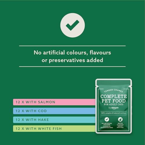 by Amazon Katzenfutter, nass, getreidefreies, für ausgewachsene Katzen, Fisch-Auswahl in Gelee, 4,8 kg (48 Packungen à 100 g)