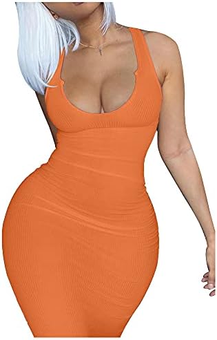 Mulisky Women's Casual Basic Pencil Tank Dress Deep V Neck Sexy Sleeveless Bodycon Short Club Dress Orange M