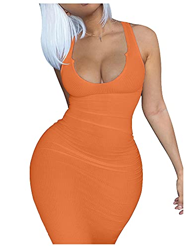Mulisky Women's Casual Basic Pencil Tank Dress Deep V Neck Sexy Sleeveless Bodycon Short Club Dress Orange M #TOP25