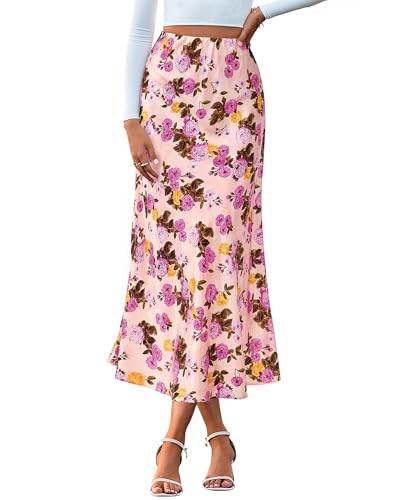 Image of BTFBM Satin Skirts for Women Trendy 2026 Summer Fall | High Waisted A-Line Leopard Print,Floral Print, Business Casual,Cocktail,Wedding Guest,Long Silk Midi Skirt