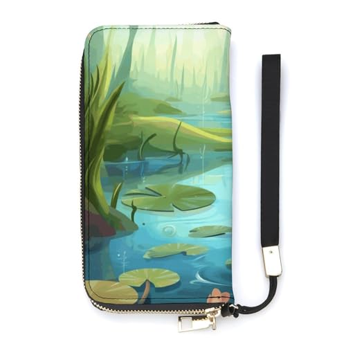 Frog in A Pond Ladies' Leather Wallet With Hand Strap Slim Vertical Purse Wallets Card Case Long Zip Around Long Wallet Credit Cards Holder Phone Clutch