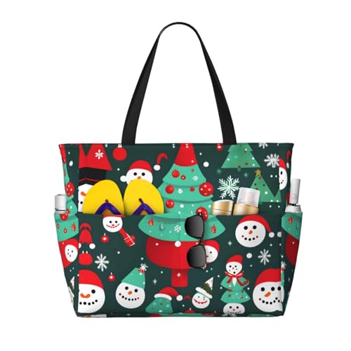 Christmas Tree And Snowman Large Capacity Foldable Tote Bag Women Beach Tote Bag Handbag Gym Bag Travel Shopping Bag