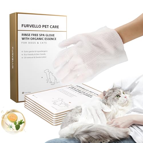 FURVELLO 4 in 1 Pet Glove Wipes for Dogs & Cats, 7 Plant Extracts, Pet Cleaning Wipes Hypoallergenic, Dog Washing Gloves Extra Thick, Lick-Safe, Deodorizing, Rinse Free for Grooming and Travel, 6PCS