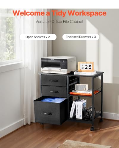 VEVOR Mobile Metal File Cabinet w/ 3 Fabric Drawers & 2 Open Shelves (Black) - image 2