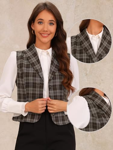 Allegra K Plaid Vest for Women's Shawl Collar Button Down V Neck Sleeveless Vintage Waistcoat2