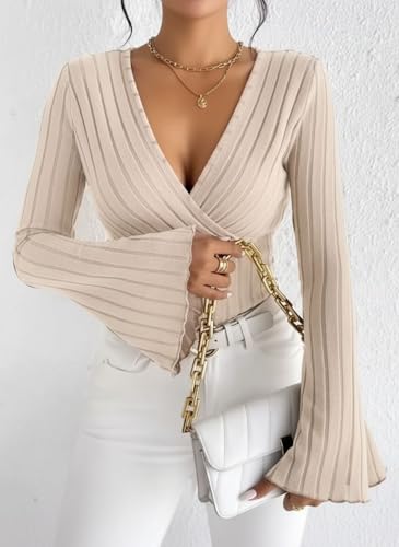 Image of Women Ribbed Knit V-Neck Wrap Top | Long Flare Sleeve Slim Fit Stylish Blouse for Casual