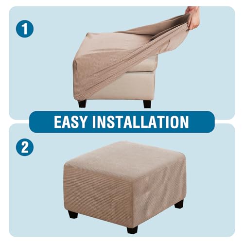 Image of H.VERSAILTEX Square Ottoman Covers Ottoman Slipcovers Folding Storage Stool Furniture Protector Form Fit with Elastic Bottom, Stretch High Spandex Small Checks Jacquard Fabric(Medium,Sand)