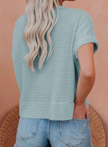Image of Dokotoo Womens Summer Tops 2026 Waffle Knit Button Down Shirts | Trendy,V Neck,Loose Fit,Jacket,Short Sleeve,Summer Cardigan,Cropped,Shacket,Going Out Outfits,Dressy