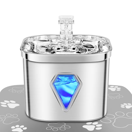 EUARY Fontana per Gatti in Acciaio Inox con Luce LED, 2,5 L, Ultra Silenziosa, Alimentato via USB,Fontana d'Acqua e Carbone Attivo, Filtrazione a 5 Livelli (Solo la fontanella, sliver)