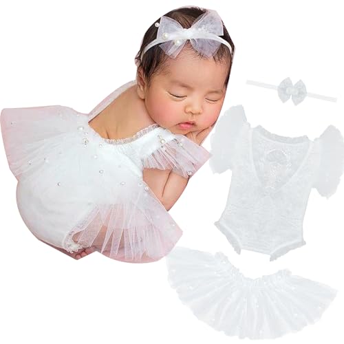 Image of M&G House White/Pink Lace Newborn Photography Outfits Girl Newborn Photography Props Newborn Girl Pearl Lace Christmas Gift