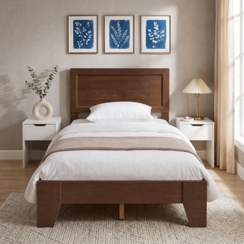Image of GIANTEX Twin Size Wooden Bed Frame with Headboard, Wood Slat Support