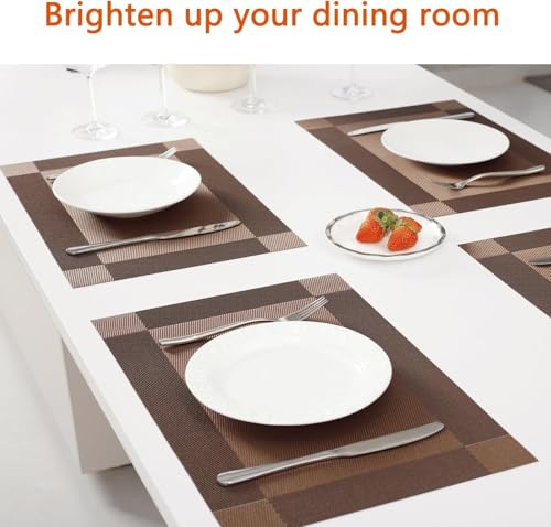 Image of Placemats Set of 6 Dining Table Place Mats | Placemats Table Mat PVC Material | Non-Slip Heat Resistant | Dining Tablemates Washable Anti-Skid | Size 45 x 30cm (Square Brown)