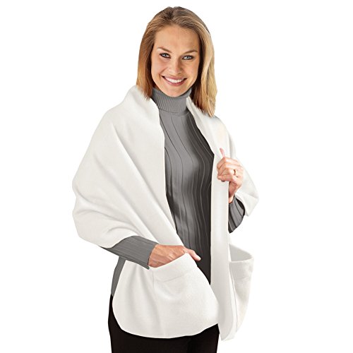 Collections Etc Cozy Fleece Wrap Shawl with Large Front Pockets - Keeps Hands and Shoulders Warm During Cold Winter Season, Winter White