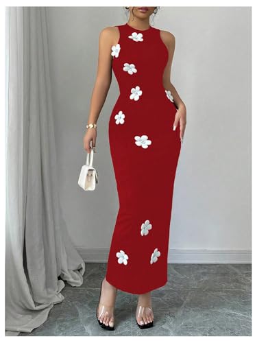 Image of GORGLITTER Women's Long Maxi Dresses 3D Floral Crewneck Sleeveless Knit Bodycon Wedding Guest Sun Dress 2025