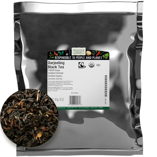 Frontier Co-op Organic Darjeeling Black Tea, 1-pound Bulk Bag, Highest Grade Orange Pekoe Leaves, Kosher, Fair Trade
