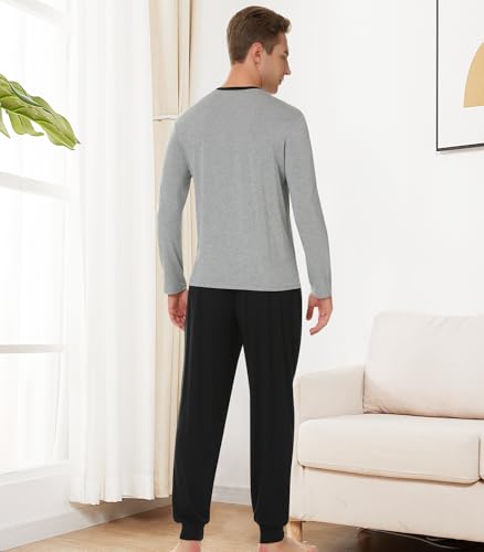 Image of NACHILA Mens Pajamas Set Long Sleeve Henley Sleepwear Top Soft Jogger Pants Pajamas Cool Pjs Set,Viscose Made from Bamboo