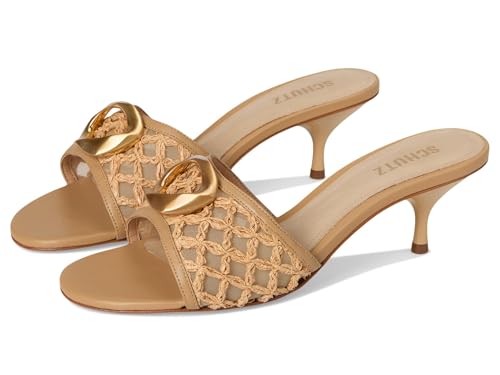 Sandalo mulo con ornamento SCHUTZ Sandali da donna Olga con ricamo gattino, Caramelo/Guscio d\'uovo/Legno Chiaro, 36 EU