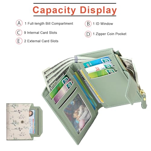 Image of Small Wallets for Women Leather Bifold Zipper Pocket Wallet Cute Flower Credit Card Holder Coin Purse with ID Window
