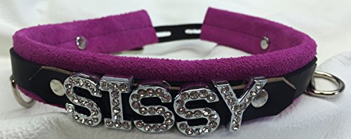 Monkey Dungeon Pink Lockable Leather Sissy Choker Collar with Leash Crystal Letters