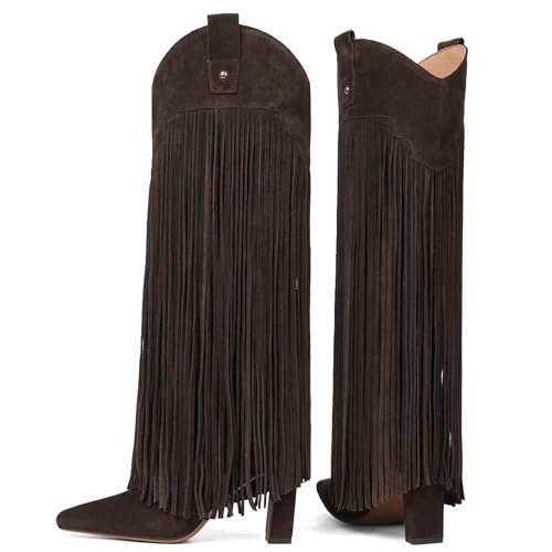 Mattiventon Knee High Boots for Women Fashion Fringe Boots with Square Toe Chunky Heel Pull On Suede Tall Boot for Party Dating3
