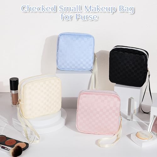 Image of Likesing Upgraded 5.3 inch Checkered Mini Makeup Bag, Beige Small Cosmetics Bag for Purse, Portable Small Makeup Pouch with Wrist Strap, Thickened Travel Mini Toiletry Bag for Womens Girls