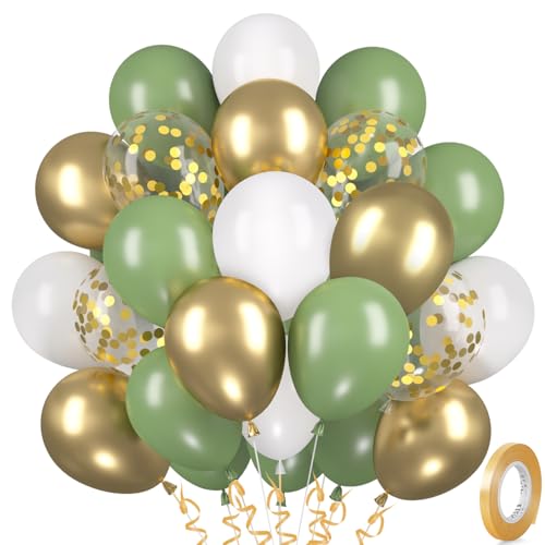Luftballons Grün Gold 30 Stück Salbeigrün Metallic Gold Luftballon Set Retro Olive Grün Gold Ballons Weiß Helium Ballon für Jubiläum Geburtstag Hochzeit Babyparty Tropische Safari Party Deko