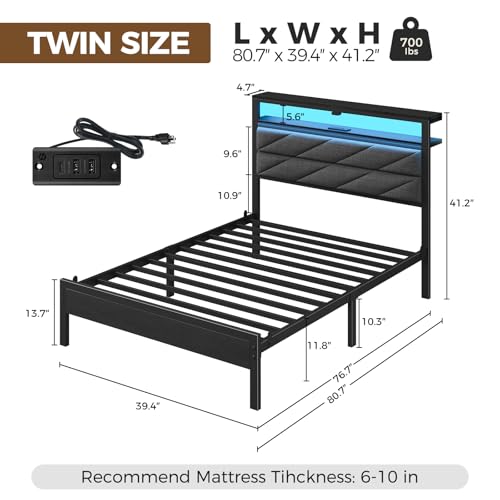 Image of Seventable Bed Frame Twin Size with Charging Station, LED Bed with Upholstered Storage Headboard, Metal Platform Bed with Under Bed Storage, No Box Spring Needed, Noise Free, Easy Assembly, Grey