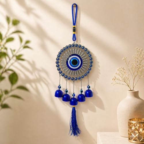 Image of Jaipur Ace 5 Bell Evil Eye Hanging Wind Chime for Home & Balcony Decor - Blue Nazar Protection Charm with Soothing Sound, Decorative Wall Hanging for Positive Energy, Living Room & Gift Use