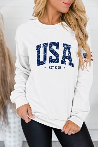Image of Dressmine Womens USA Shirt Casual Long Sleeve Graphic Tees Knit Crew Neck Sweatshirts Loose Pullover