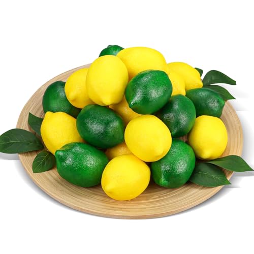 Lorigun 48 Pzs Limones Falsos Frutas Artificiales Limas con Hojas, Falsos Limones Amarillos Decoración Realista Frutas Falsas Limones para Decoración de Tazones Centros de Mesa Decoración de Verano