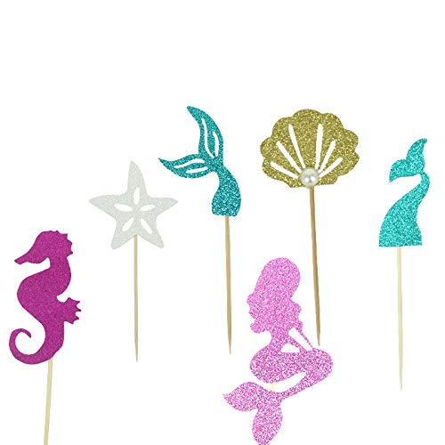 Wootkey Glitter Mermaid Theme Birthday Cake Topper Under The Sea Party Supplies Cake Decoration Cupcake Toppers 36 Pcs Mermaid Tail #TOP3