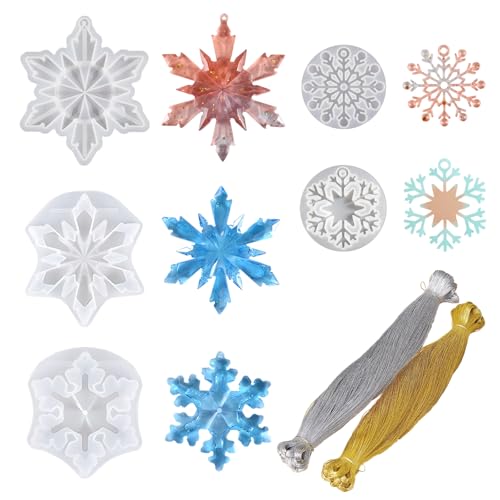 Wondora 5 Stück Silikonform Weihnachten, Schneeflocken Silikonform, mit 50 Goldene und 50 Silberne Linien,Epoxidharz, Gießformen Silikon Weihnachten, für Weihnachtsdekorationen(A)