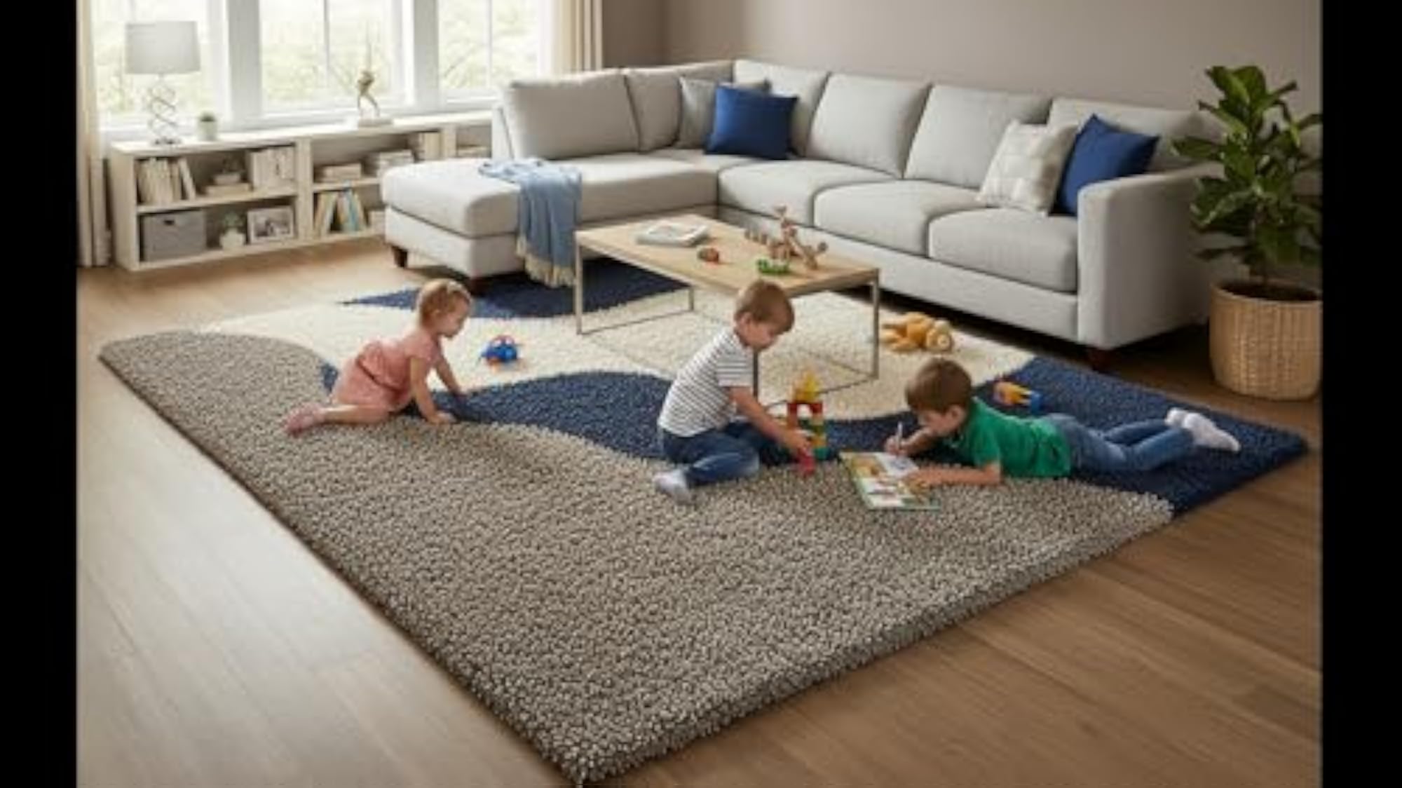 Modern Navy Blue & Grey Wave Shag Rug, Soft Plush Carpet