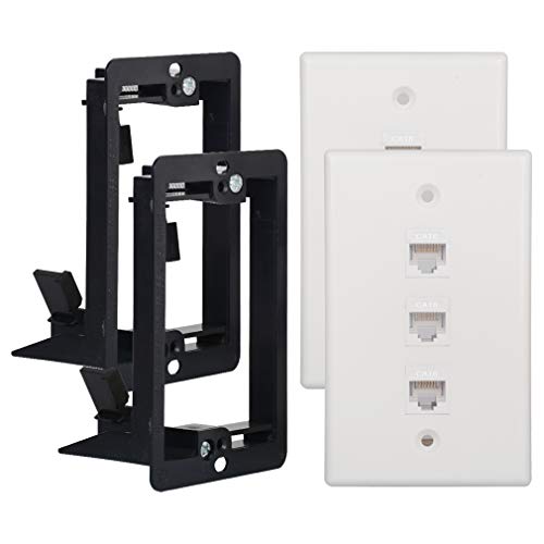 Kebulldola Cat6 Wall Plate 3 Port Cat6 Keystone with 1 Gang Low Voltage Mounting Bracket for Cat5 Cat5e Cat6 Ethernet Cables, White, 2 Pack