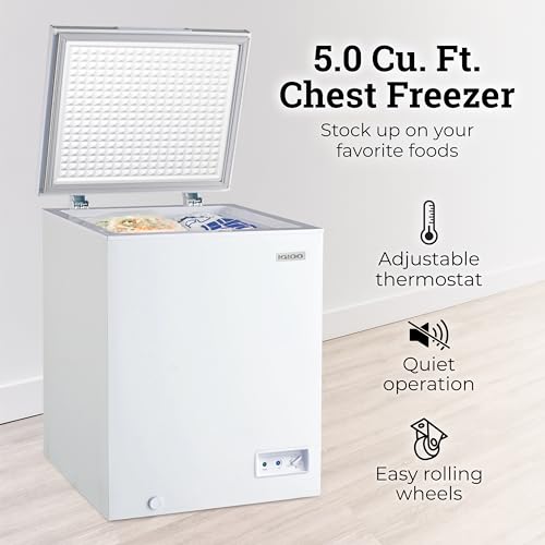 Igloo 5.0 Cu. Ft. Chest Freezer With Removable Basket, Free-Standing Door Temperature Ranges From -10 to 10 F, Front Defrost Water Drain, Perfect for Homes, Garages, Basements, RVs, White on Fridge.com