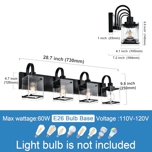 Image of Black Vanity Light Bathroom Lighting Fixtures 4 Light Sconces Wall Lighting Mid Century Rustic Vanity Lights with with Glass Shade Porch Cage Wall Lamp for Mirror, Living Room, Bedroom