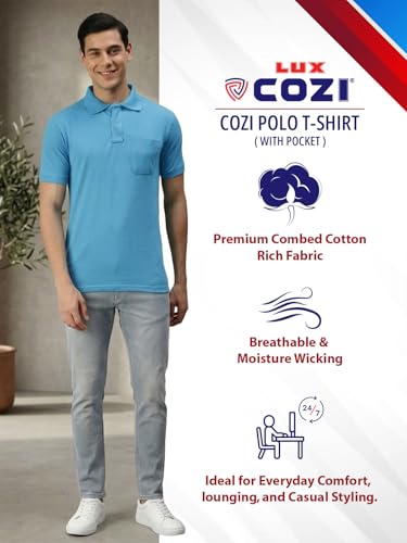 Image of Lux Cozi Men's T-Shirt with Chest Pocket | Polo T-Shirt for Man | Plain Casual Stylish | Half Sleeve| Cotton Blend Collar Polo T-Shirts for Men