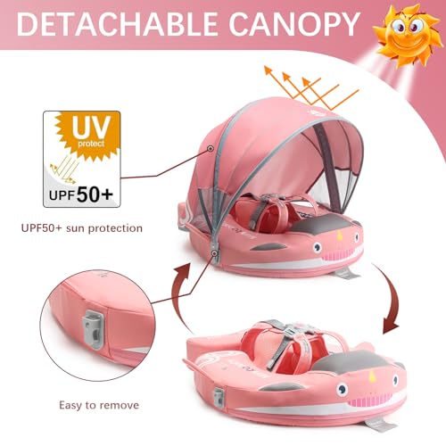 Image of Baby Pool Float with UPF50+ 3D Adjustable Canopy, Add Tail Mambobaby Float Non Inflatable Infant Floats for Pool, Cartoon Narwhal Baby Floats (NPink with Canopy-U05NPCTLUROHML01U05)