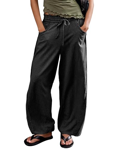 Women's Striped Barrel Pants Drawstring Waist Wide Leg Trousers with Pockets Casual Comfort for Office Lounge Travel