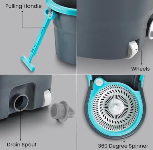 Image of Twin Bucket Spin Mop with Wheels and Puller Handle | 360 Adjustable Steel Handle | 2 High Absorbency Microfiber Refills | Pocha for Floor Cleaning - Home, Kitchen, Bathroom & Office (Grey)