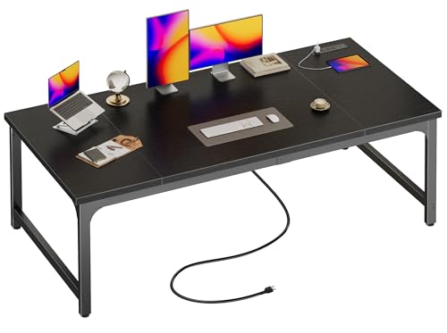 Image of Huuger 63 x 31.5 inch Desk with Power Outlets & USB-C, 0.95 Inch Thicker Desktop, Robust Metal Tubes, Deep Computer Desk, Heavy Duty Office Work Desk, for Home Office, Black